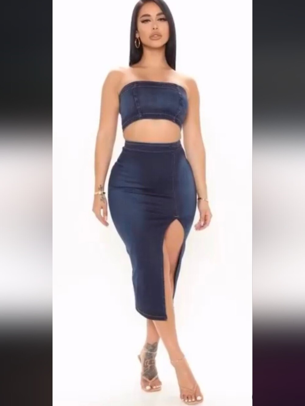 Denim Set 2pc Tube Top Midi Pencil Skirt High waisted Bodycon Stretch New